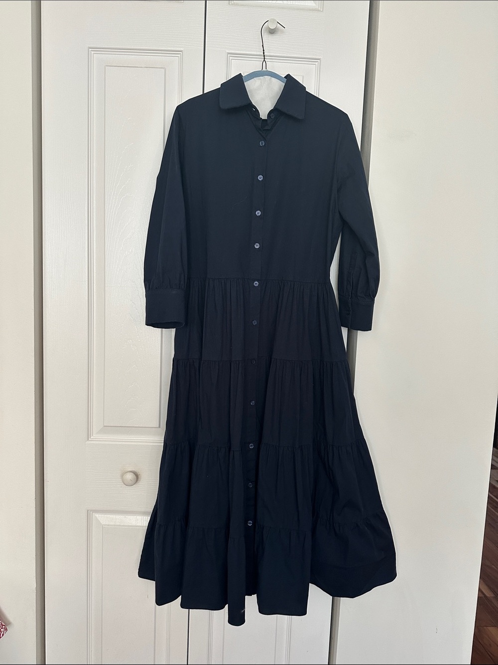 KIRNA ZABETE NAVY BLUE COTTON POPLIN BUTTON DOWN TIERED MIDI DRESS SIZE SMALL